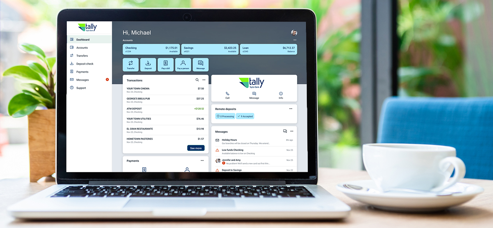 Tally by Taylor Bank dashboard on laptop screen.